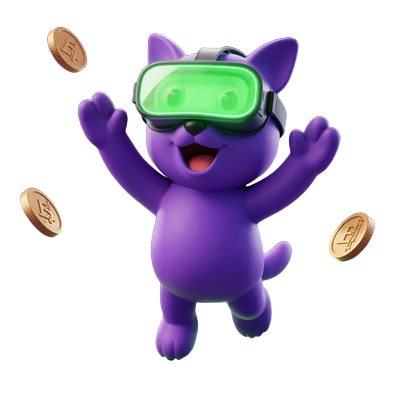 Irwin Maskot springt vor Freude mit Euro-M&uuml;nzen und VR-Headset
